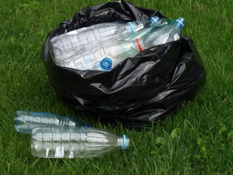 A black plastic rubbish bag filled with clear plastic water bottles, situated on a grassy area. The bag appears to be partially open at the top, revealing several transparent bottles with blue caps and labels, some of which are slightly crushed or bent. Two additional empty bottles are lying on the ground in front of the bag, one with a blue cap and the other without. The surrounding environment features a lush, green grass surface that is evenly maintained, suggesting an outdoor setting, possibly a garden or park nearby residential or commercial premises. The lighting in the image is natural, highlighting the glossy surface of the plastic bottles and the textured finish of the black rubbish bag. This scene visually aligns with waste removal services, such as those provided by Garden Clearance Raynes Park, which manage rubbish including plastic waste cleanup, especially in outdoor spaces within the local area.